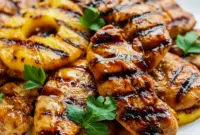 Hawaiian Chicken sliced over coconut rice with charred pineapple rings — glossy, Juicy Chicken close-up.