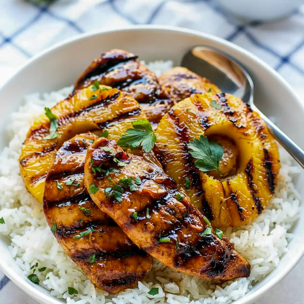 Hawaiian Chicken sliced over coconut rice with charred pineapple rings — glossy, Juicy Chicken close-up.