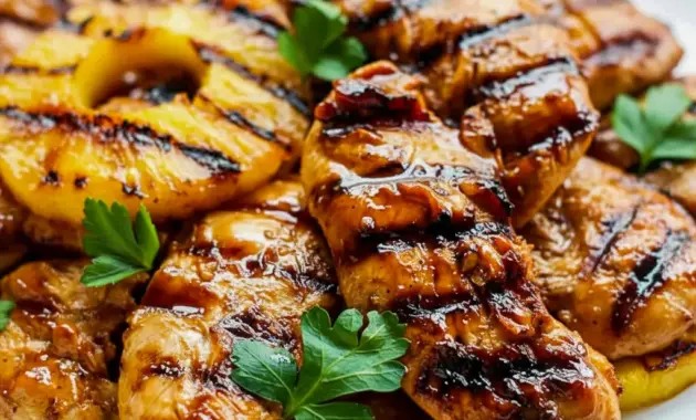 Hawaiian Chicken sliced over coconut rice with charred pineapple rings — glossy, Juicy Chicken close-up.