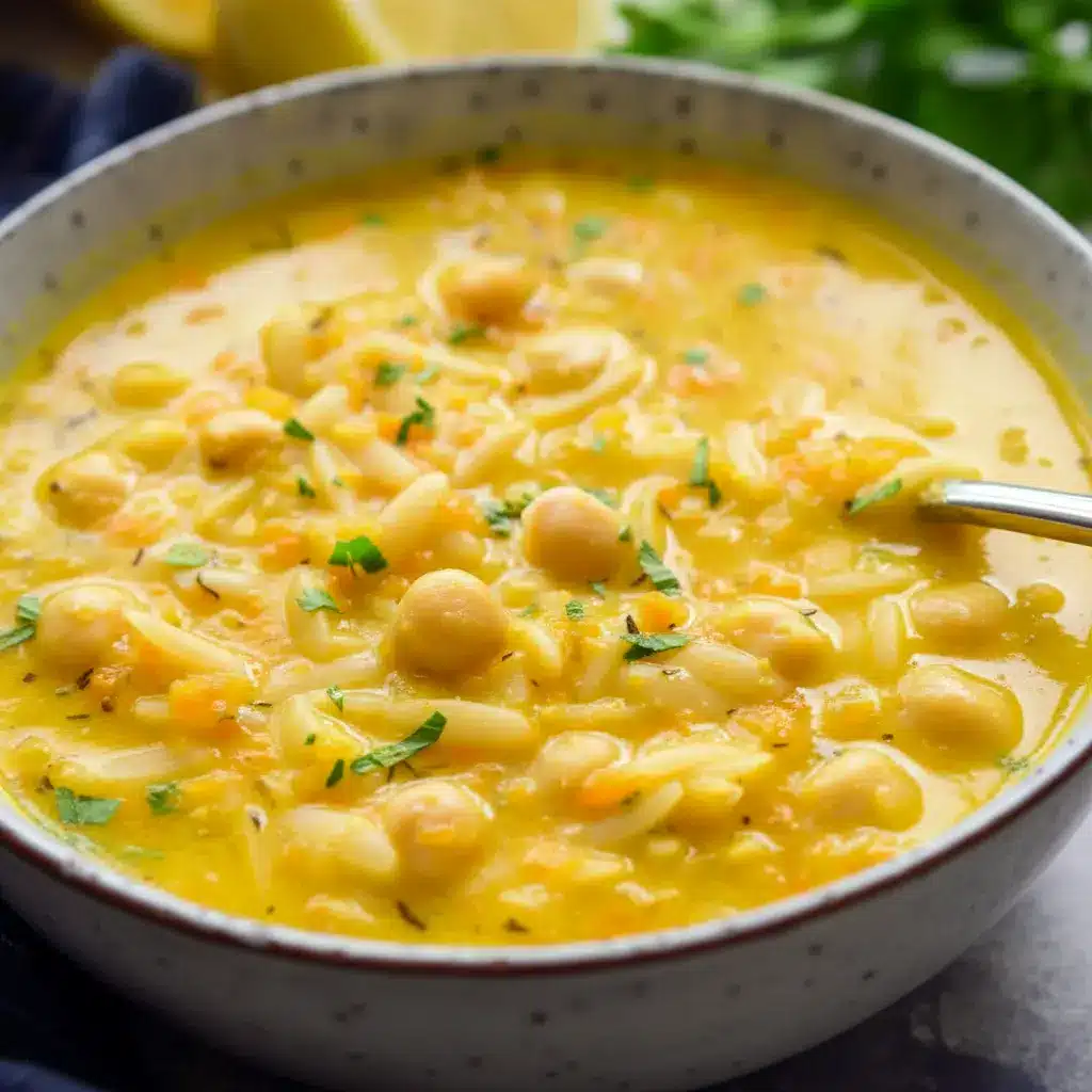 Bowl of Lemon Chickpea Orzo Soup with chickpeas, orzo, and a sprinkle of parsley in a golden, lemony broth.