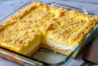 Lemon Cream Cheese Dump Cake — slice of golden crumb-topped cake showing bright lemon filling and a creamy layer, plated with a dollop of whipped cream.