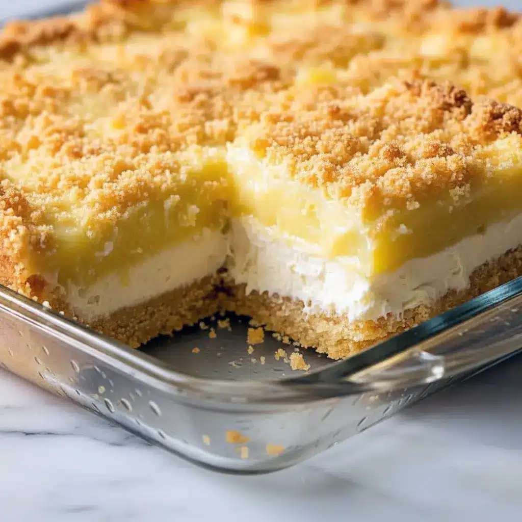 Lemon Cream Cheese Dump Cake — slice of golden crumb-topped cake showing bright lemon filling and a creamy layer, plated with a dollop of whipped cream.