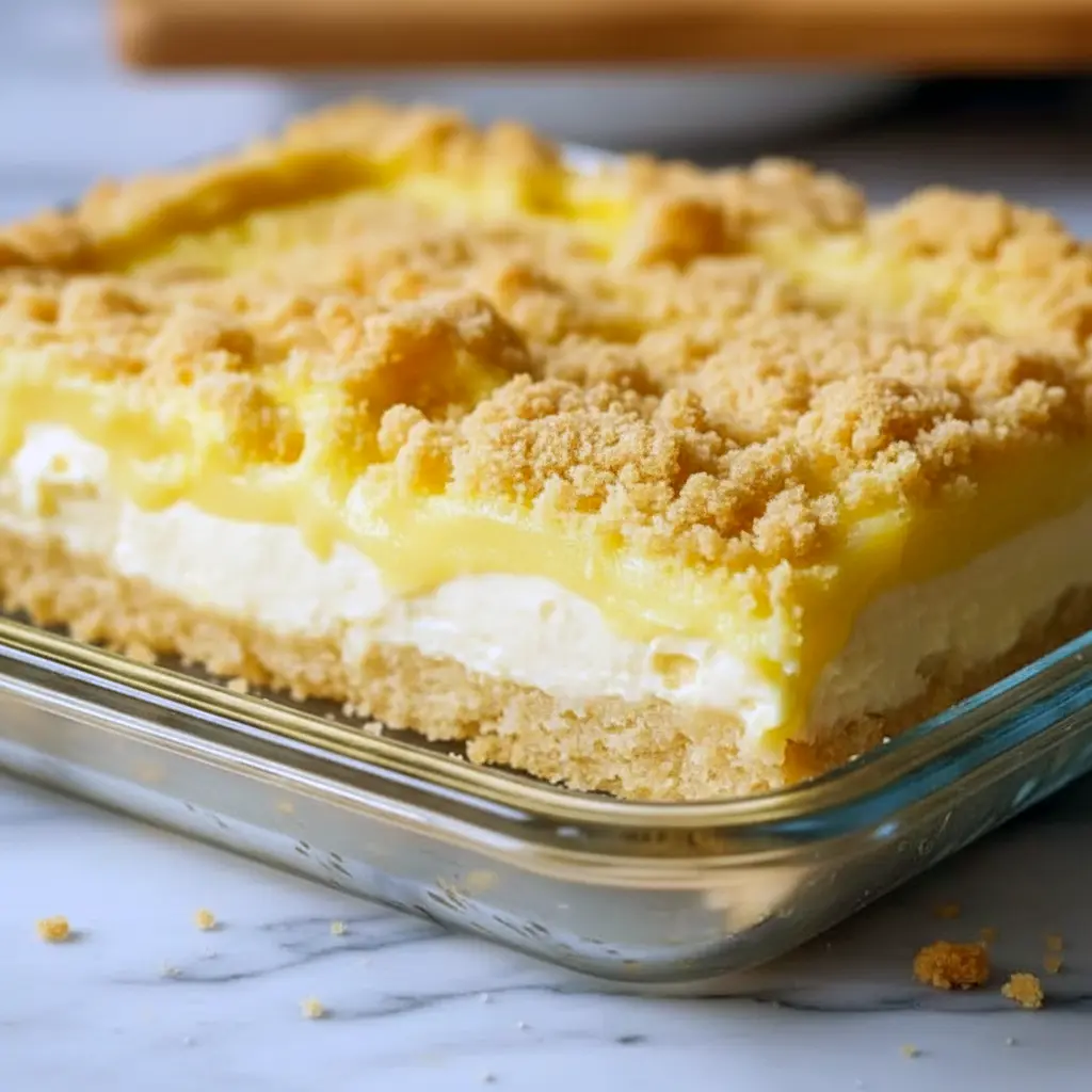 Lemon Cream Cheese Dump Cake — slice of golden crumb-topped cake showing bright lemon filling and a creamy layer, plated with a dollop of whipped cream.