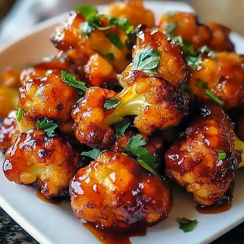 Close-up of glossy Maple Sriracha Cauliflower roasted to caramelized edges, sprinkled with sesame seeds — a standout in Cauliflower Recipes and an easy Veggie Side Dishes option.