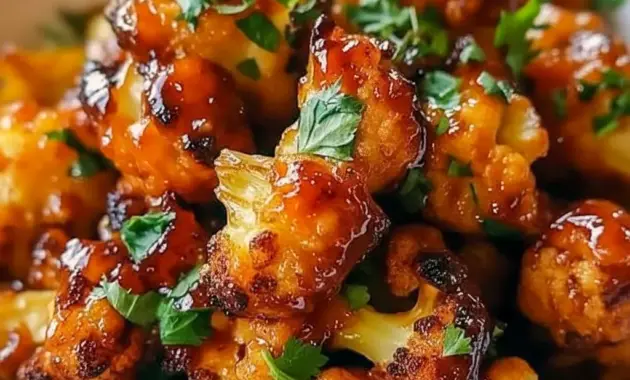 Close-up of glossy Maple Sriracha Cauliflower roasted to caramelized edges, sprinkled with sesame seeds — a standout in Cauliflower Recipes and an easy Veggie Side Dishes option.