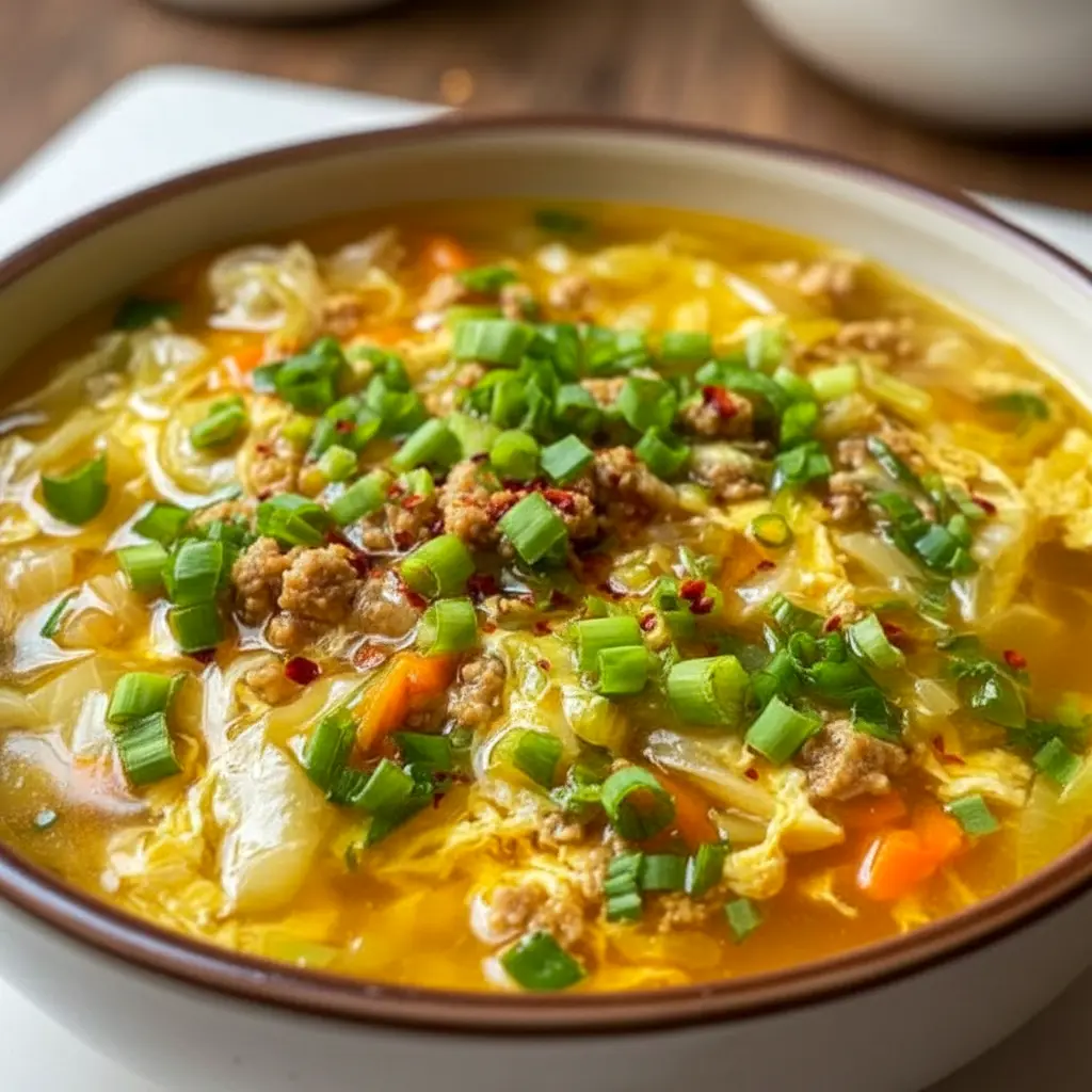 Steaming bowl of Egg Roll Soup with ground pork, shredded cabbage, carrots, and sliced green onions, ready to serve.