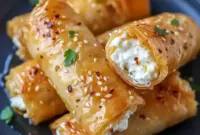 Oven Fried Feta Rolls With Chili Honey on a wooden board — golden, flaky rolls drizzled with sticky chili honey, a perfect Flaky Chili Honey Feta Rolls Appetizer.