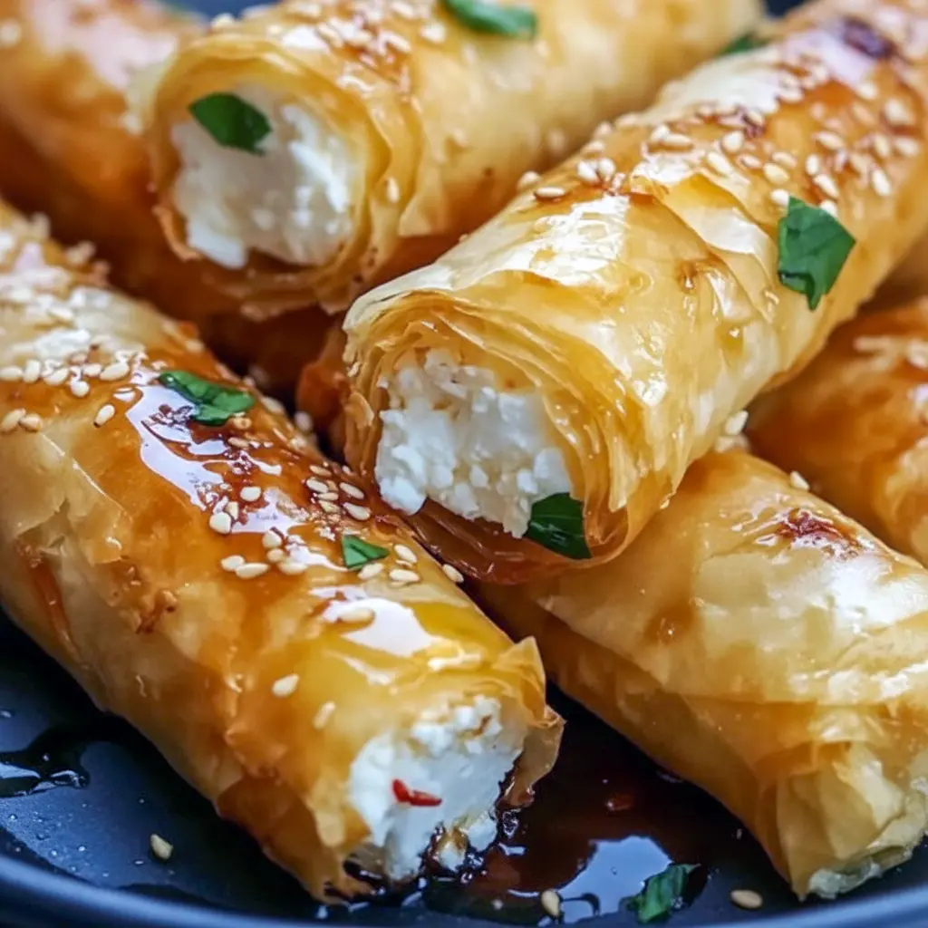 Oven Fried Feta Rolls With Chili Honey on a wooden board — golden, flaky rolls drizzled with sticky chili honey, a perfect Flaky Chili Honey Feta Rolls Appetizer.