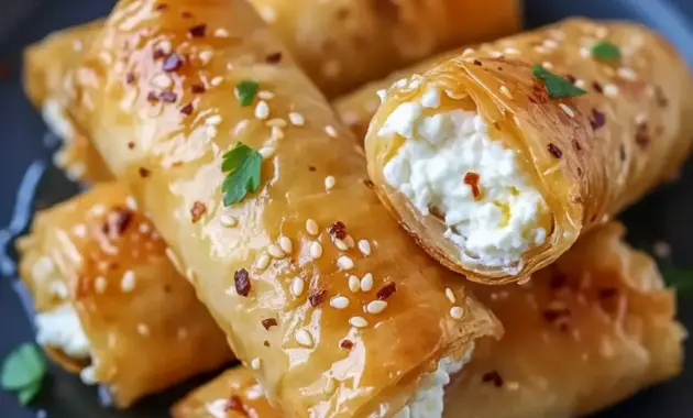 Oven Fried Feta Rolls With Chili Honey on a wooden board — golden, flaky rolls drizzled with sticky chili honey, a perfect Flaky Chili Honey Feta Rolls Appetizer.