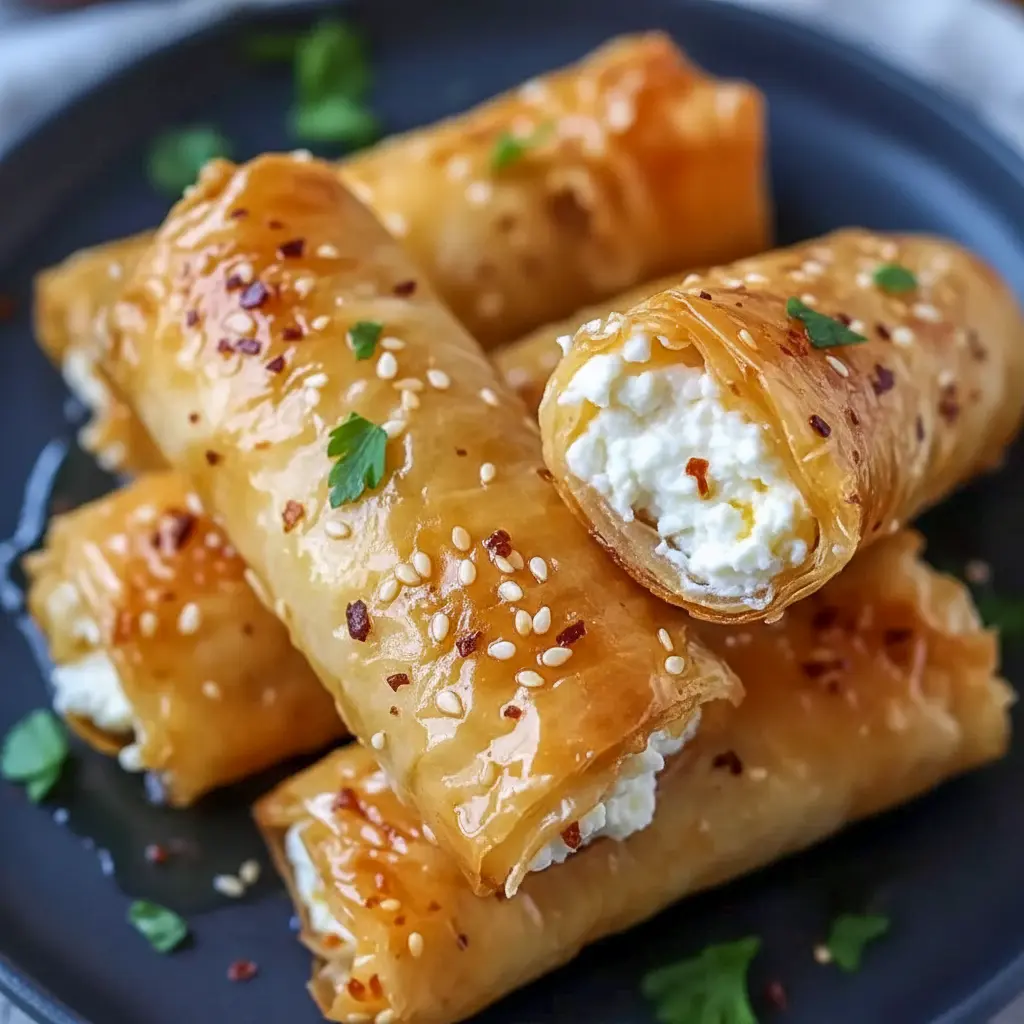 Oven Fried Feta Rolls With Chili Honey on a wooden board — golden, flaky rolls drizzled with sticky chili honey, a perfect Flaky Chili Honey Feta Rolls Appetizer.