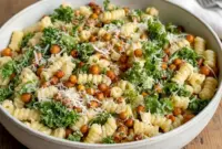 Bowl of Pasta Caesar Salad with shredded Kale, golden smoked chickpeas, and creamy tahini Caesar dressing — a fresh Good Eat ready to serve.