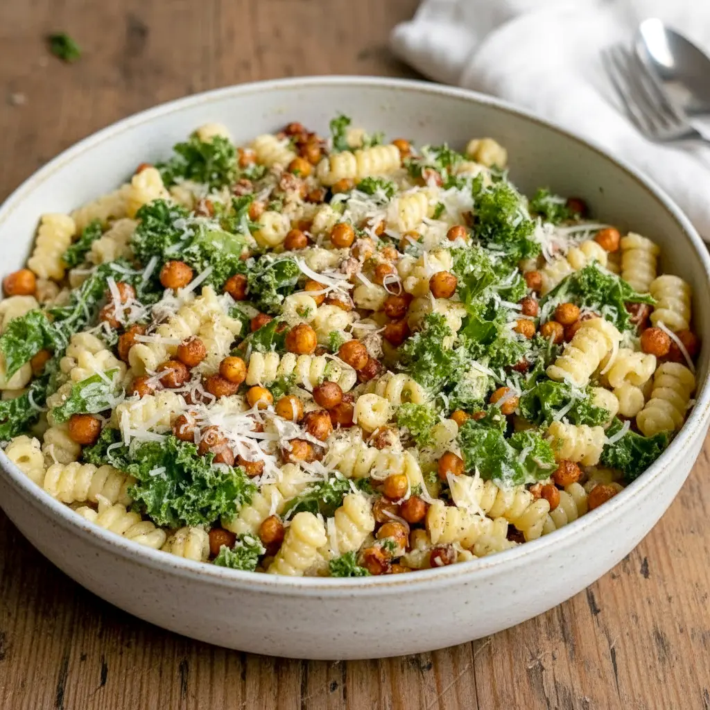 Bowl of Pasta Caesar Salad with shredded Kale, golden smoked chickpeas, and creamy tahini Caesar dressing — a fresh Good Eat ready to serve.