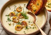 Bowl of White Bean Soup topped with fresh rosemary and cracked pepper — rustic White Bean Rosemary Soup served with a slice of crusty bread.