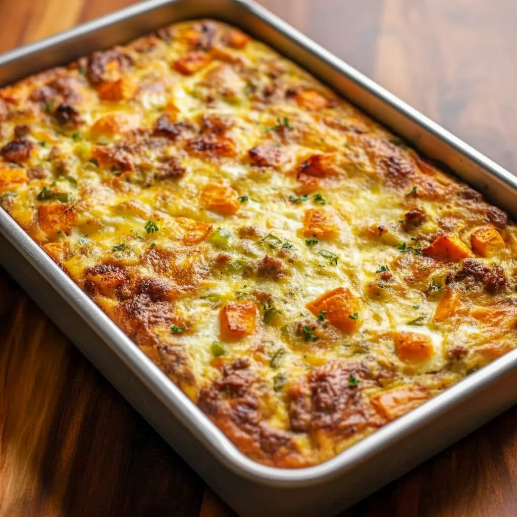 Slice of golden Sweet Potato Egg Casserole showing sweet potato cubes, melted cheese, and sausage, garnished with herbs — a hearty Breakfast Potato Bake perfect for meal prep.