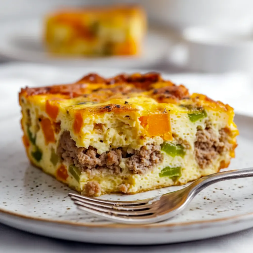 Slice of golden Sweet Potato Egg Casserole showing sweet potato cubes, melted cheese, and sausage, garnished with herbs — a hearty Breakfast Potato Bake perfect for meal prep.