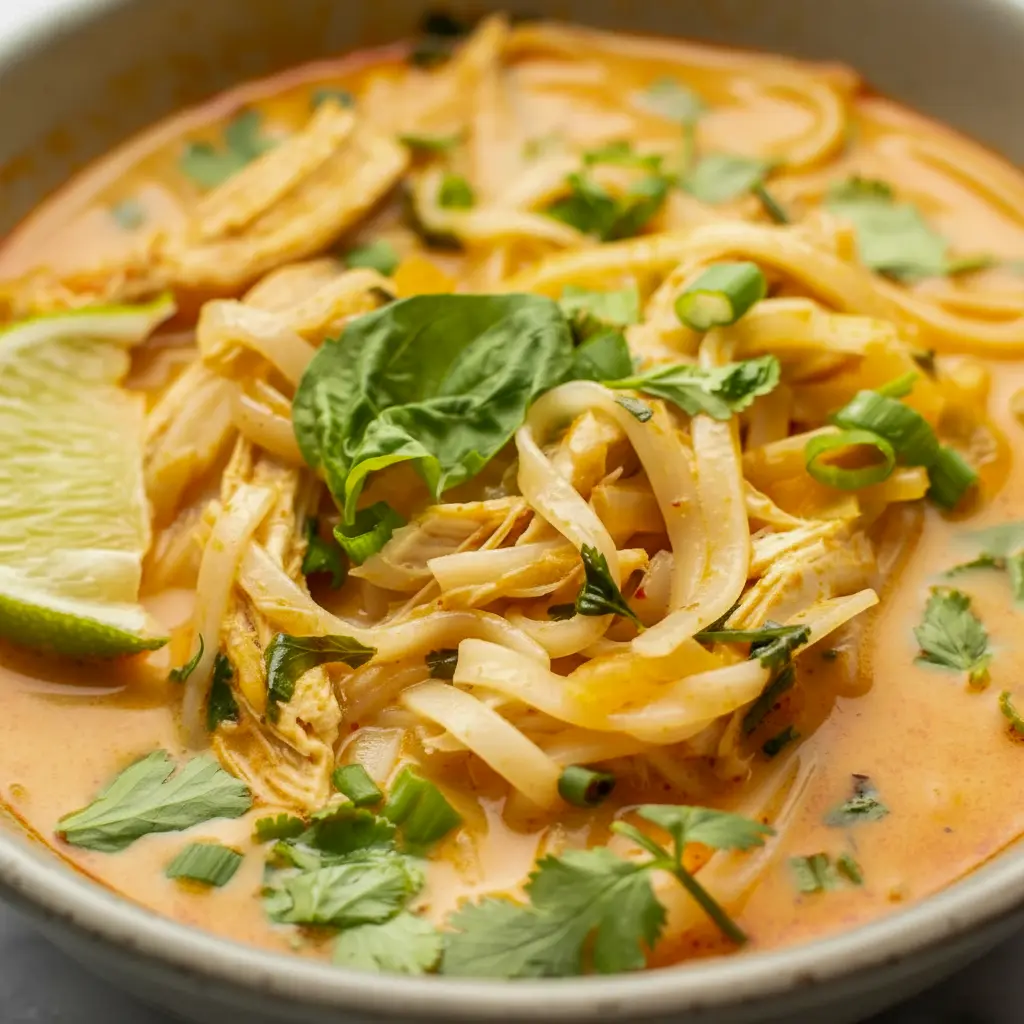 Steaming bowl of Thai Chicken Curry Soup with coconut broth, rice noodles, shredded chicken, fresh basil, cilantro, scallion, and a lime wedge — top-down close-up.