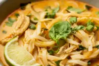 Steaming bowl of Thai Chicken Soup with coconut broth, rice noodles, shredded chicken, fresh basil, cilantro, scallion, and a lime wedge — top-down close-up.