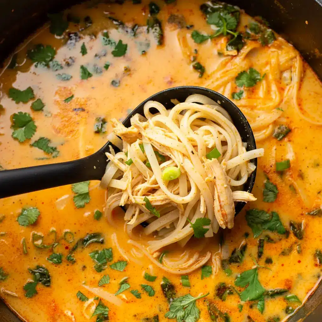 Steaming bowl of Thai Chicken Curry Soup with coconut broth, rice noodles, shredded chicken, fresh basil, cilantro, scallion, and a lime wedge — top-down close-up.