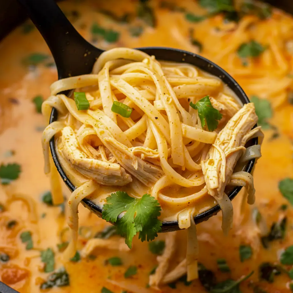 Steaming bowl of Thai Chicken Curry Soup with coconut broth, rice noodles, shredded chicken, fresh basil, cilantro, scallion, and a lime wedge — top-down close-up.