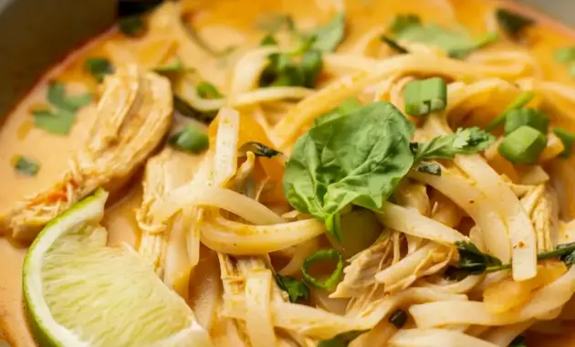 Steaming bowl of Thai Chicken Soup with coconut broth, rice noodles, shredded chicken, fresh basil, cilantro, scallion, and a lime wedge — top-down close-up.