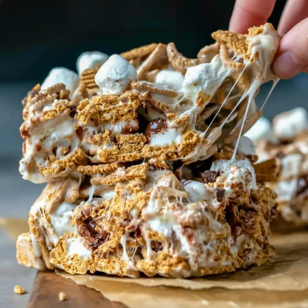Tray of Golden Grahams S'mores bars with a gooey marshmallow layer, crunchy cereal, and chocolate chips, styled as an easy S'mores Recipe With Golden Grahams.