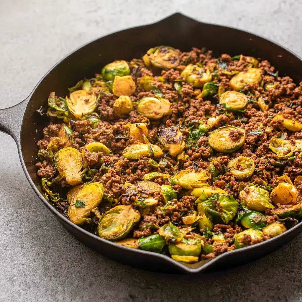 A skillet of Ground Beef and Brussels Sprouts served as a cozy Meal Idea With Ground Beef with tender Brussels sprouts, saucy beef, and a quick homemade dinner vibe.