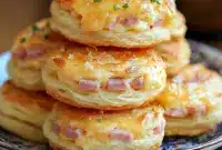 Golden Ham And Cheese Butter Swim Biscuits stacked on a plate, showing flaky layers, melted cheddar, and ham — ideal for Breakfast Brunch Recipes.