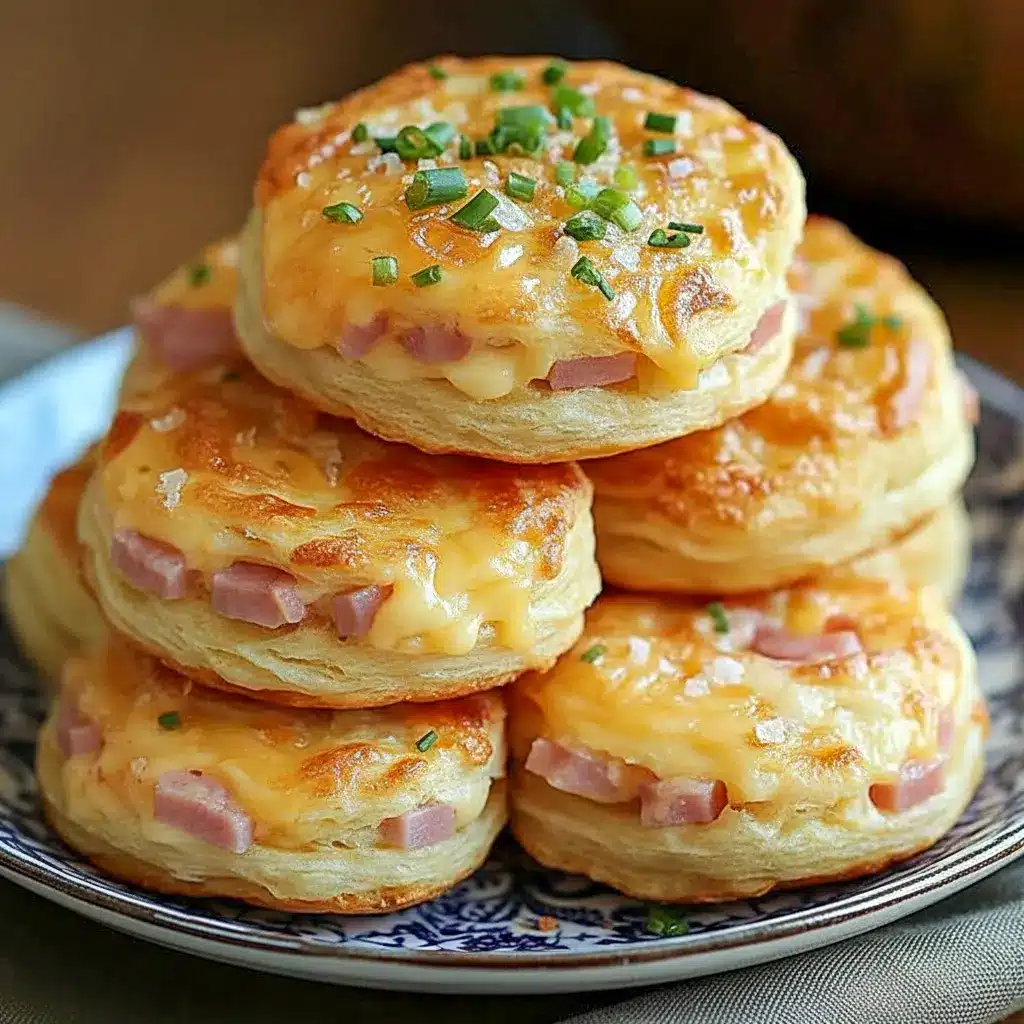 Golden Ham And Cheese Butter Swim Biscuits stacked on a plate, showing flaky layers, melted cheddar, and ham — ideal for Breakfast Brunch Recipes.