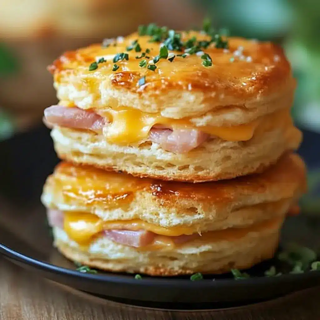 Golden Ham And Cheese Butter Swim Biscuits stacked on a plate, showing flaky layers, melted cheddar, and ham — ideal for Breakfast Brunch Recipes.
