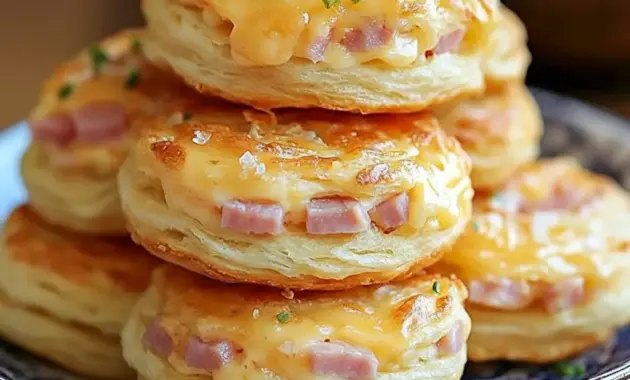 Golden Ham And Cheese Butter Swim Biscuits stacked on a plate, showing flaky layers, melted cheddar, and ham — ideal for Breakfast Brunch Recipes.