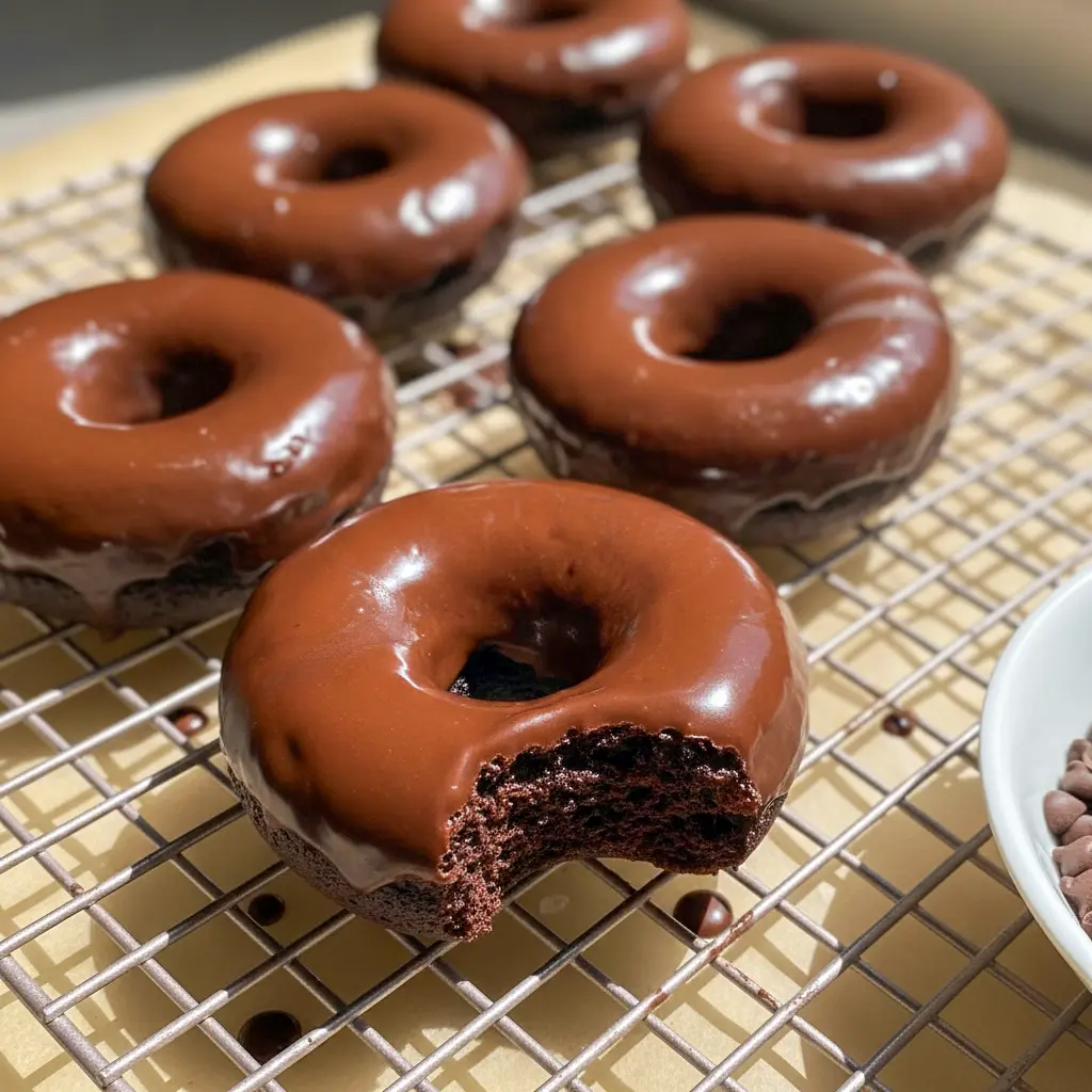 Chocolate Protein Donuts — six chocolate-glazed donuts on a wire rack, showing moist interior and glossy dark-chocolate finish, paleo and gluten-free.