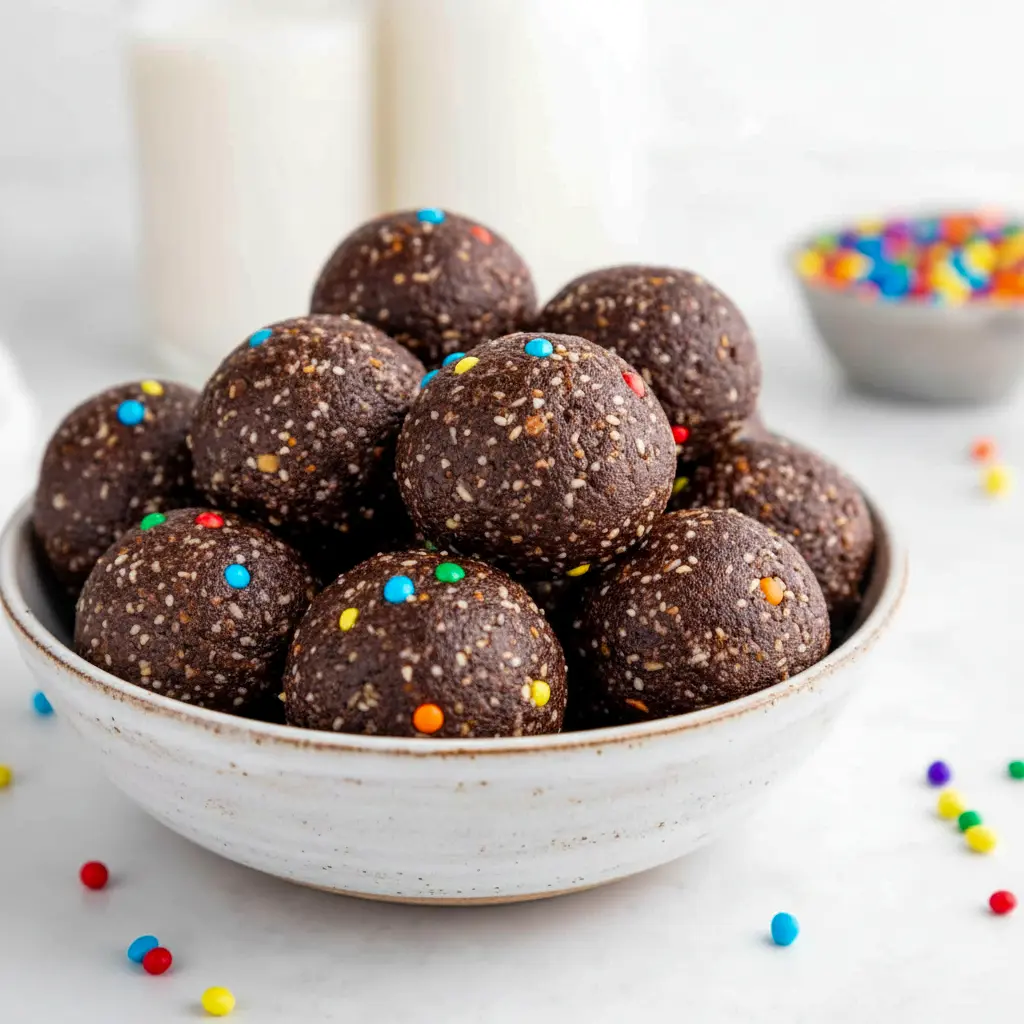 A plate of Cosmic Brownie Bites with a fudgy chocolate texture and rainbow candy-coated chips, styled as a healthy No Bake Dessert Bites treat.