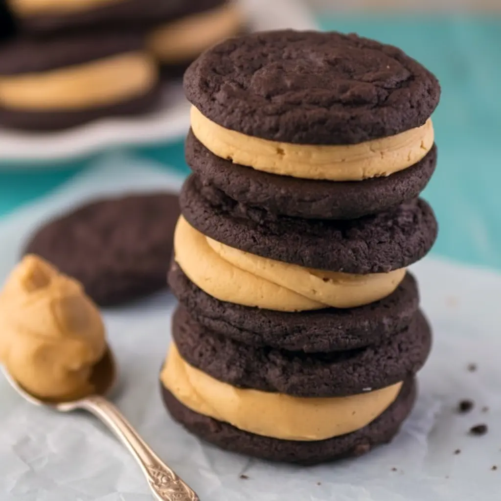 Stack of Homemade Peanut Butter Oreos showing soft chocolate sandwich cookies filled with creamy peanut butter frosting, styled like a rich homemade dessert.