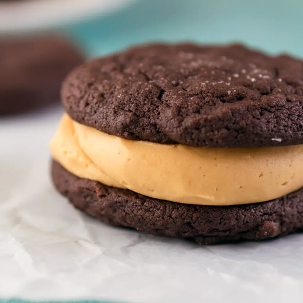 Stack of Homemade Peanut Butter Oreos showing soft chocolate sandwich cookies filled with creamy peanut butter frosting, styled like a rich homemade dessert.