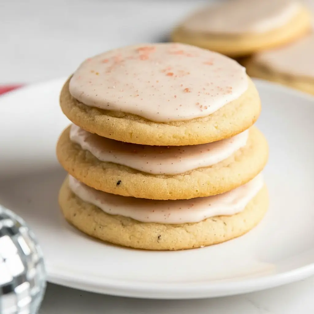 A stack of iced Taylor Swift Chai Cookies on a plate with a warm mug of tea, styled as a cozy homemade dessert.