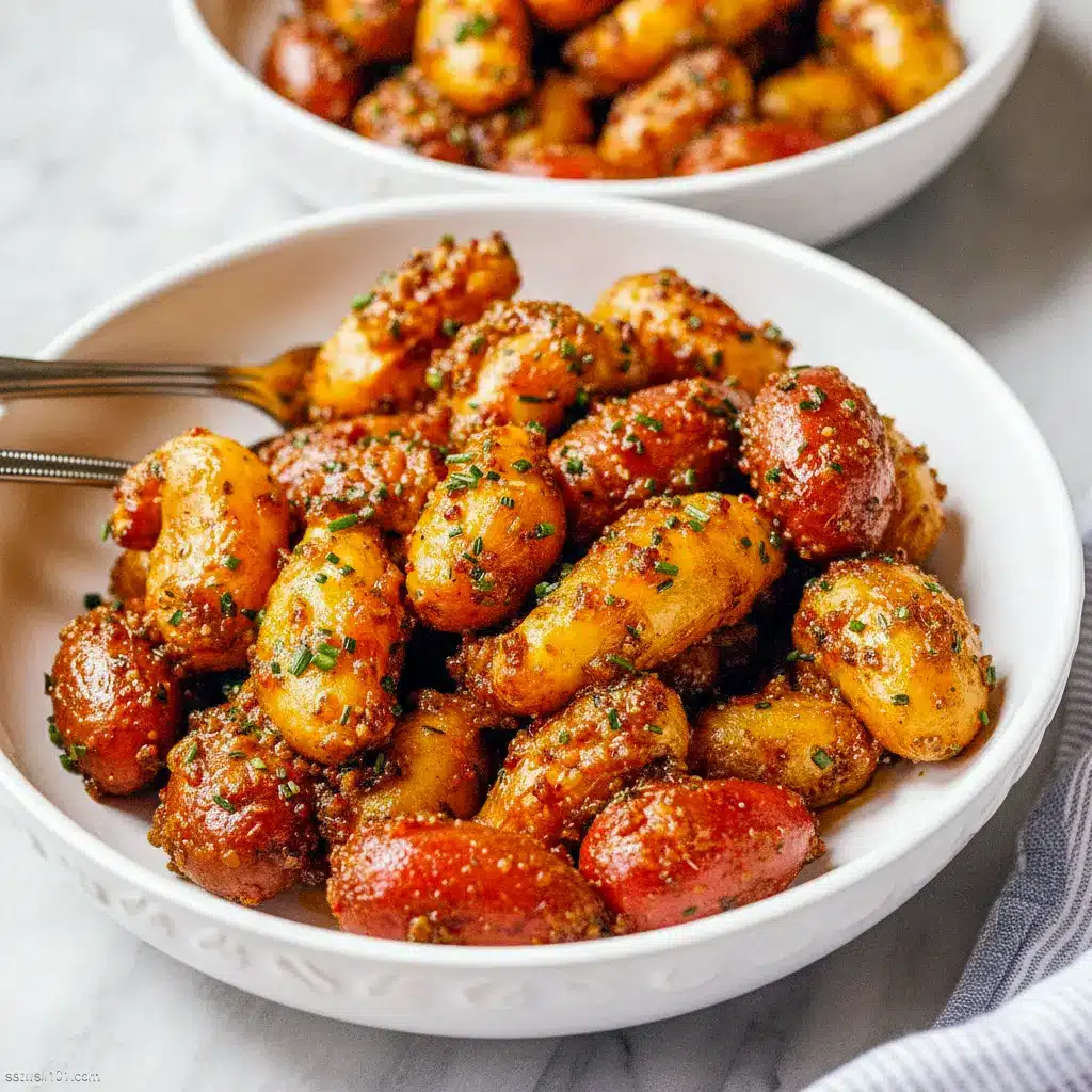 A skillet of Honey Mustard Potatoes with golden baby potatoes coated in a glossy honey mustard glaze and topped with fresh chives.