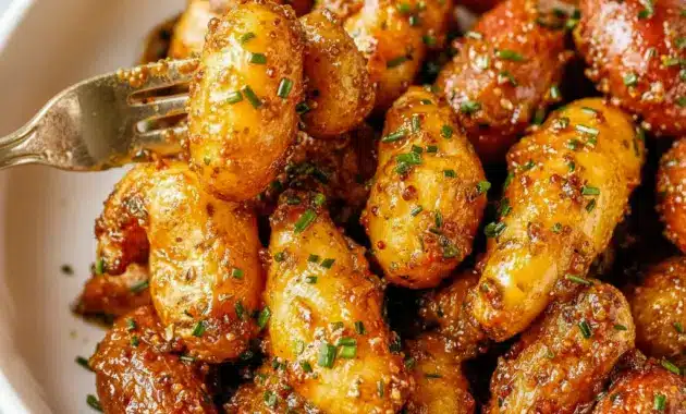 A skillet of Honey Mustard Potatoes with golden baby potatoes coated in a glossy honey mustard glaze and topped with fresh chives.