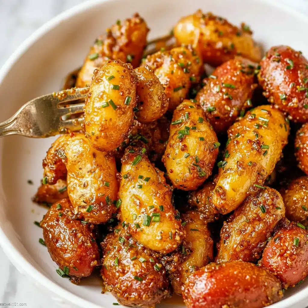 A skillet of Honey Mustard Potatoes with golden baby potatoes coated in a glossy honey mustard glaze and topped with fresh chives.