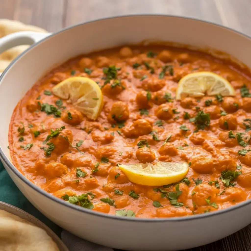 Indian Butter Chickpeas — creamy tomato-spice sauce with tender chickpeas, garnished with cilantro and lemon, served with naan for a cozy Easy Cooking Vegetarian meal.