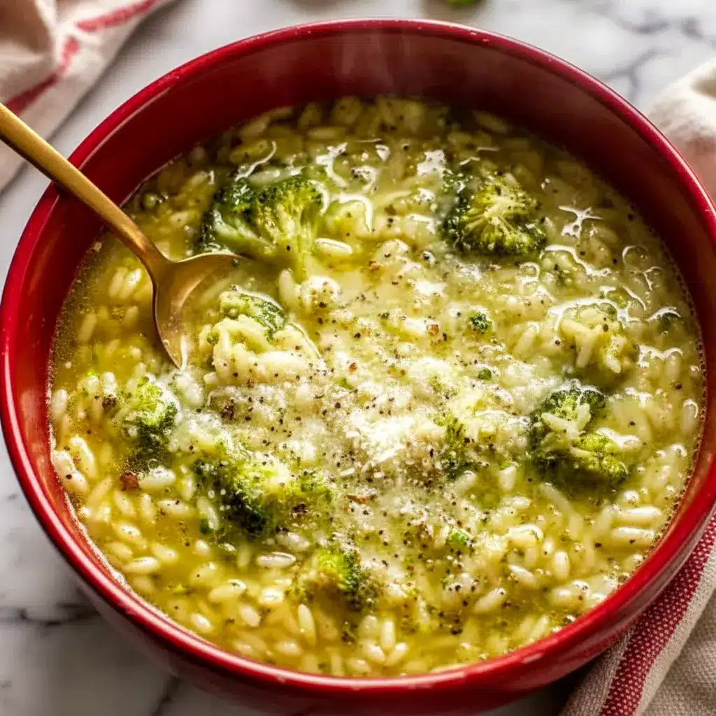 A bowl of Italian Broccoli Soup topped with parmesan cheese and olive oil, with tender broccoli, pasta, and garlic broth for a cozy homemade dinner.