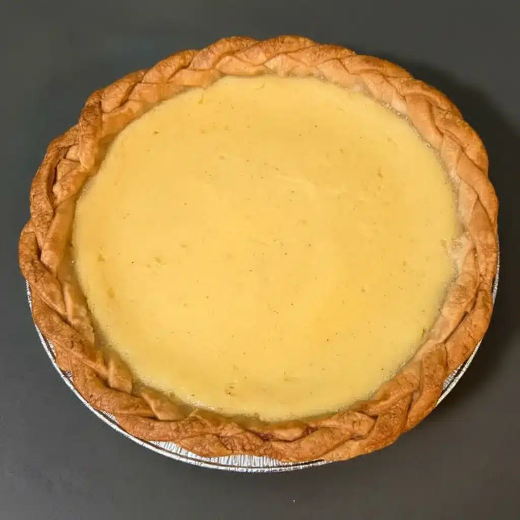 Apple Custard Pie slice on a white plate, glossy custard and browned single crust visible — a close-up of a classic Single Crust Pie (Marlborough Pie).