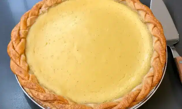 Apple Custard Pie slice on a white plate, glossy custard and browned single crust visible — a close-up of a classic Single Crust Pie (Marlborough Pie).