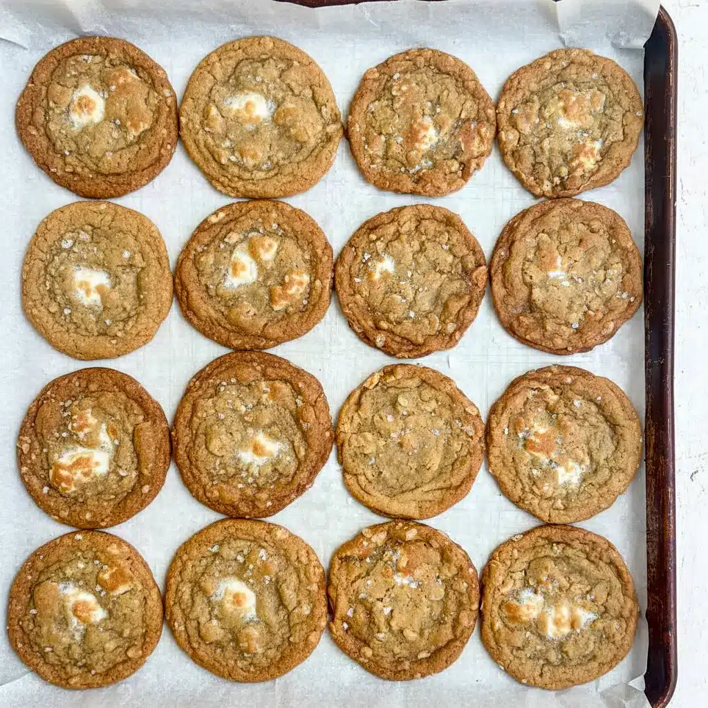 Plate of golden Marshmallow Crispy Cookies: thin, crispy edges with visible Rice Krispies and gooey marshmallow pockets, sprinkled with flaky salt.