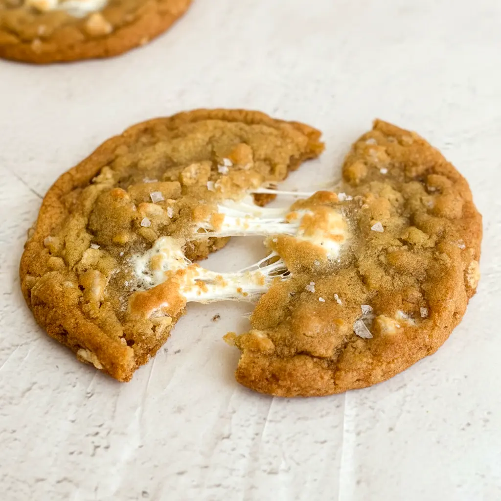 Plate of golden Marshmallow Crispy Cookies: thin, crispy edges with visible Rice Krispies and gooey marshmallow pockets, sprinkled with flaky salt.