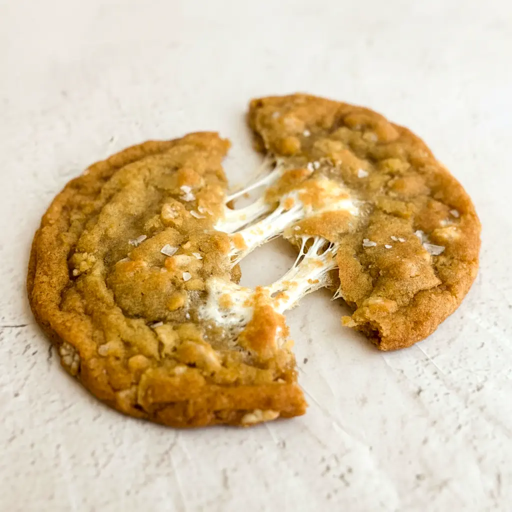 Plate of golden Marshmallow Crispy Cookies: thin, crispy edges with visible Rice Krispies and gooey marshmallow pockets, sprinkled with flaky salt.