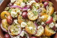 A bowl of Potato Feta Salad with tender potatoes, crumbled feta, Kalamata olives, red onion, and dill, styled as one of the Best Cold Side Dishes for a fresh and colorful meal.