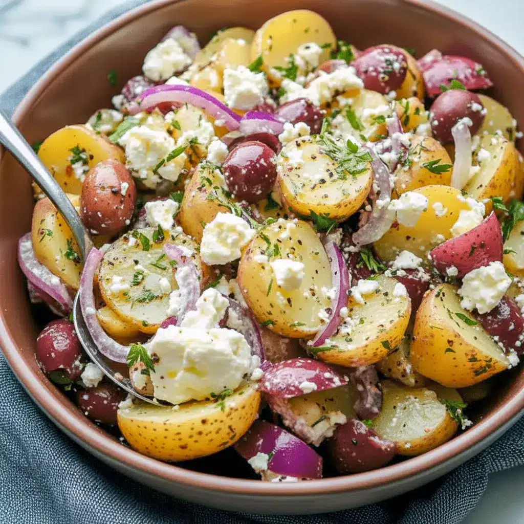 A bowl of Potato Feta Salad with tender potatoes, crumbled feta, Kalamata olives, red onion, and dill, styled as one of the Best Cold Side Dishes for a fresh and colorful meal.