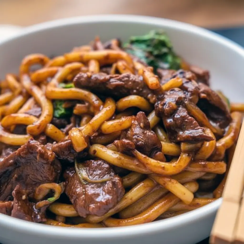 Bowl of Beef Udon with sliced steak, Chinese cabbage, and glossy black-pepper sauce over springy Noodles.