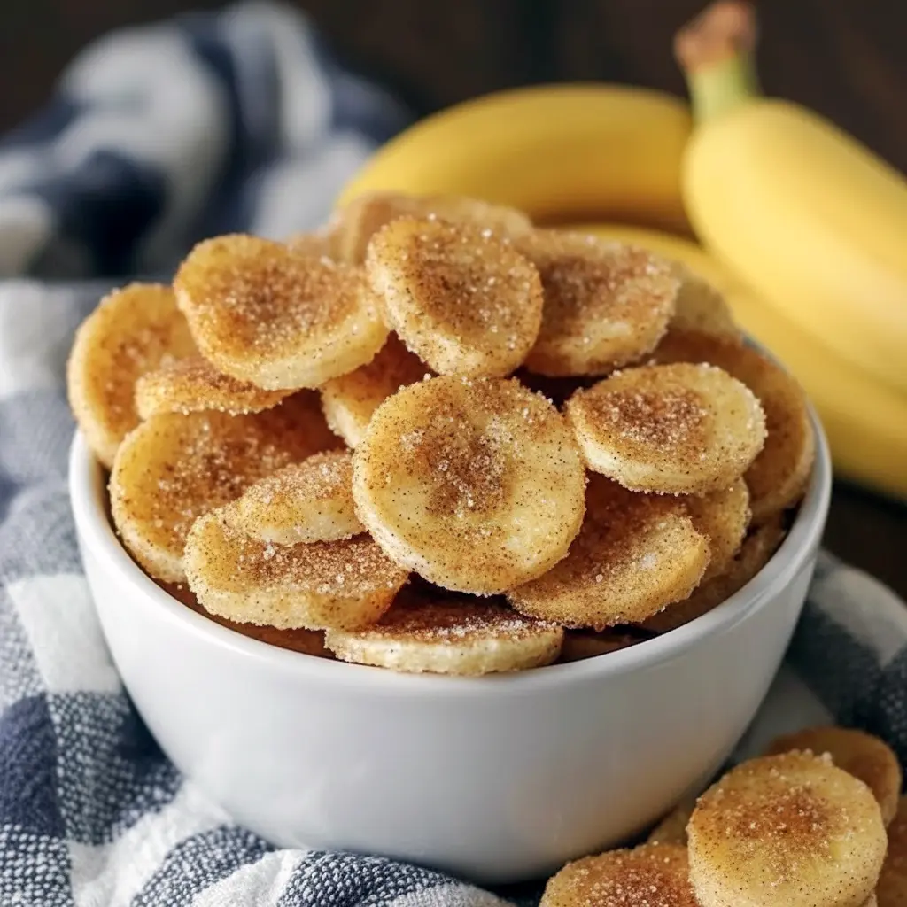 Golden, cinnamon-dusted Air Fryer Banana Chips piled on parchment, crisp and ready to eat — a tasty Healthy Snacks Teenagers will reach for.
