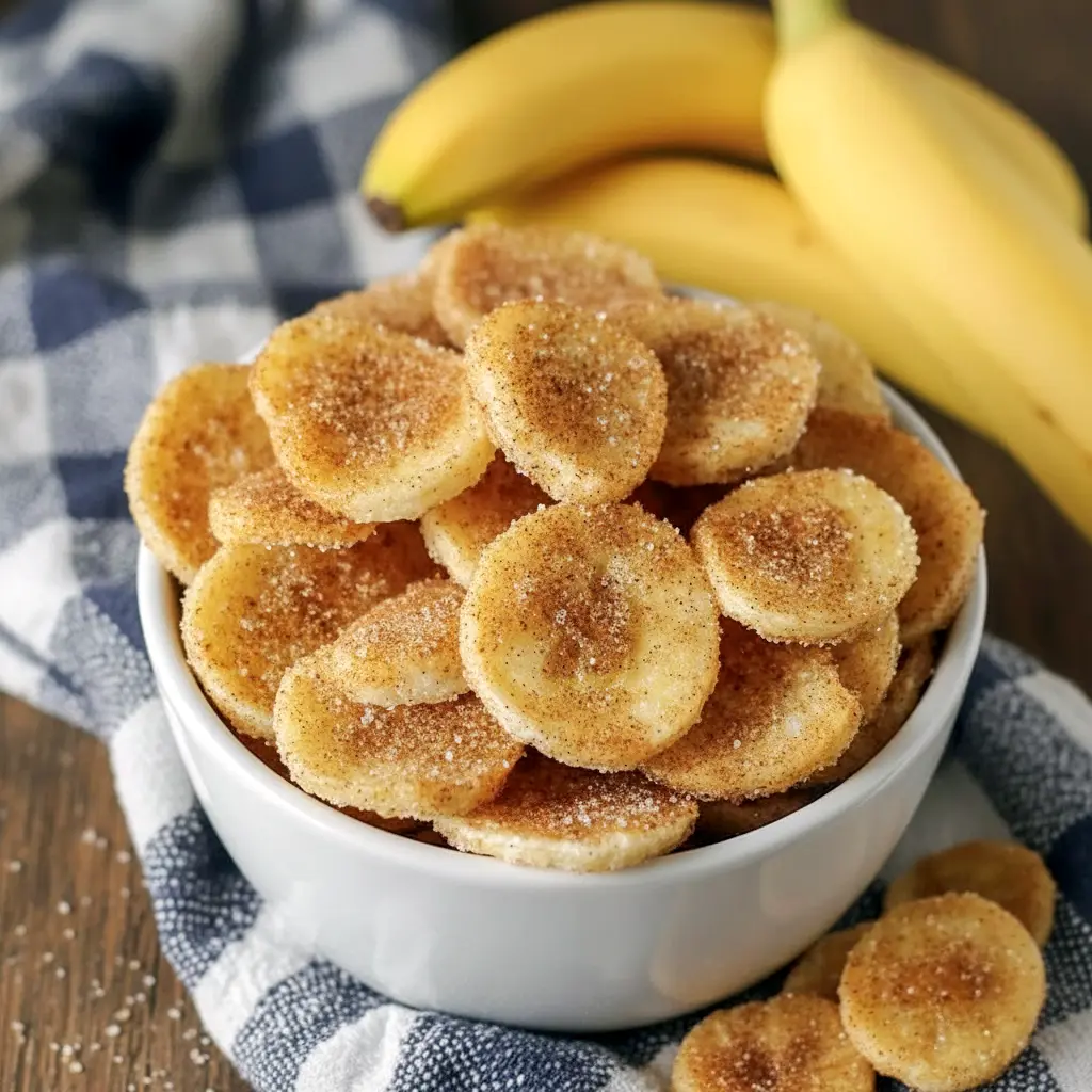 Golden, cinnamon-dusted Air Fryer Banana Chips piled on parchment, crisp and ready to eat — a tasty Healthy Snacks Teenagers will reach for.
